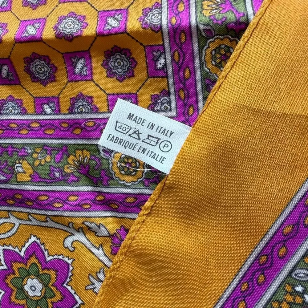 Vintage Italian Silky Scarf Orange & Purple Geometric Print 70's Old Money Twee